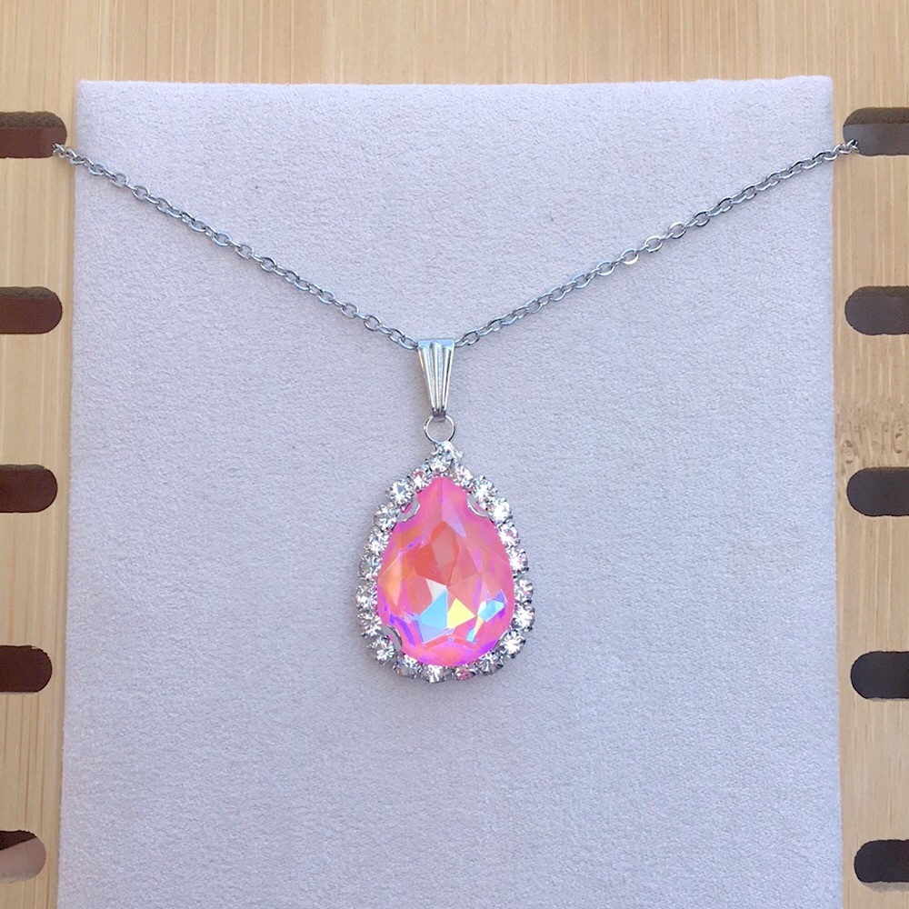 Pink Aurora Borealis + Silver Crystal Halo Pear Drop Pendant Necklace - Picture 9 of 11